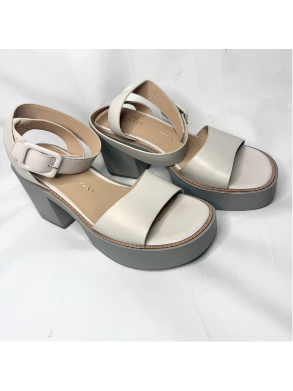 Women's Naked Feet Platform Block Heel Sandals, Beige and Grey Size 8.5